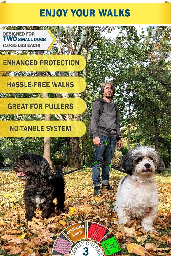 Exquisite Hands Free Double Dog Leash for Small Dogs | Dual Dog Leash | Two Dog Leash No Tangle | Multiple Dog Leash for 2 Dogs | Double Leash | Leash Splitter | Double Clip Leash Coupler