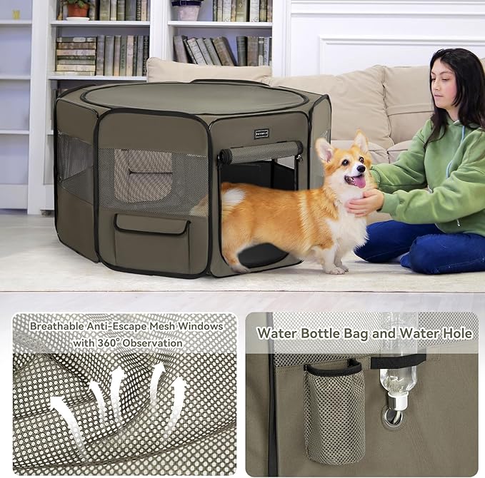 PETSFIT Dog Playpen, 45.5" Dia Sturdy Foldable Pet Playpen for Dogs Indoor/Outdoor, Portable Pet Playpen with Carring Case, Removable Mesh Zipper Top and Waterproof Playpen Mat Grey-Black L