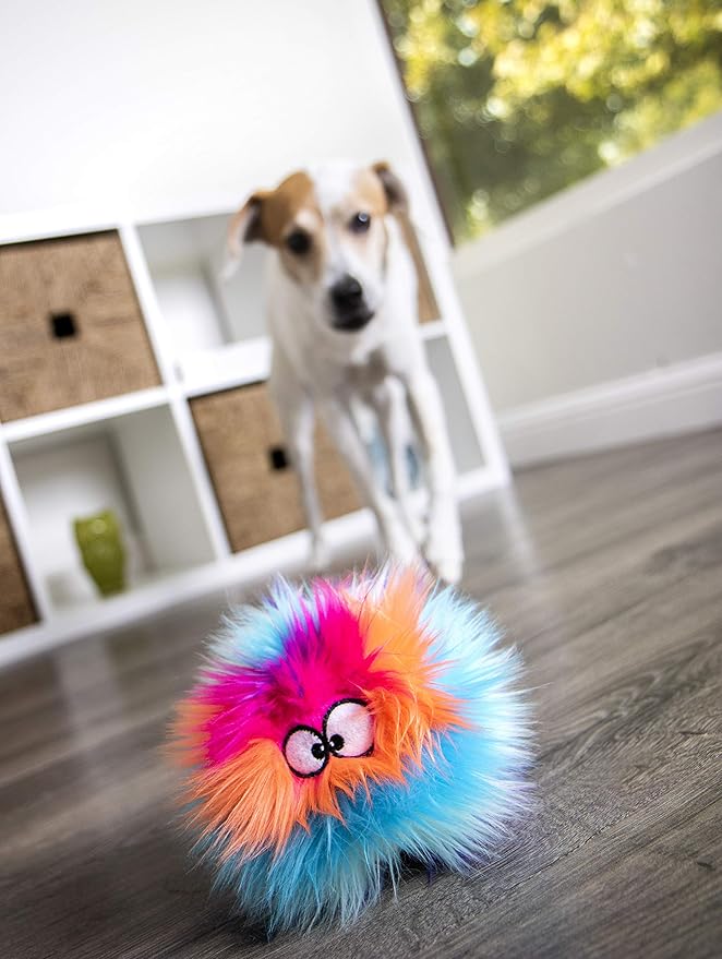 goDog Furballz Squeaky Plush Ball Dog Toy, Chew Guard Technology - Cool Rainbow, Small