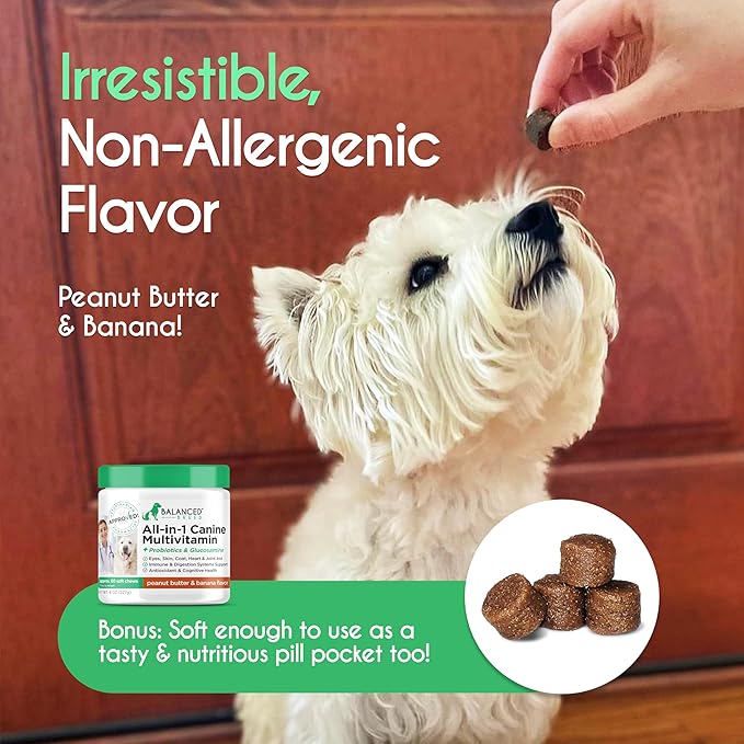 Balanced Breed All-in-1 Dog Multivitamin Supplement Made In USA NonGMO Vet-Pharmacist Approved Glucosamine Dogs Joint Support Dog Probiotic Dog Vitamins Supplements Salmon Oil Dogs Skin Coat Allergies
