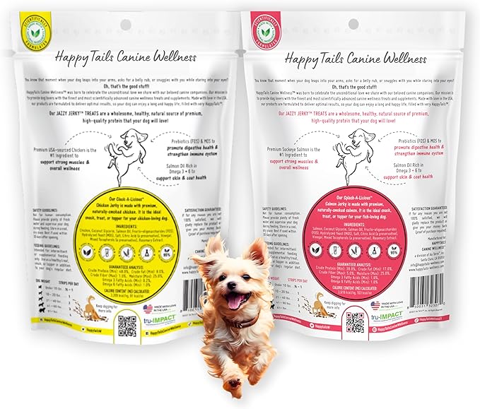 Jazzy Jerky Treats Chicken and Salmon 2-PACK, 95% Protein, Prebiotics for Gut & Immune Health, Omega 3s & 6s for Skin & Coat Health, Made in USA, All ages, (Two 10 oz bags)