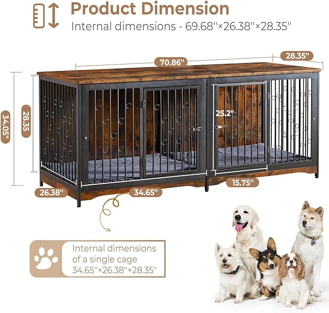 70.86'' Dog Crate Furniture Large Breed TV Stand with Cushion & Double Rooms,Wooden Dog Kennel Dog Crate End Table with Removable Divider for Large Medium Dogs, Brown
