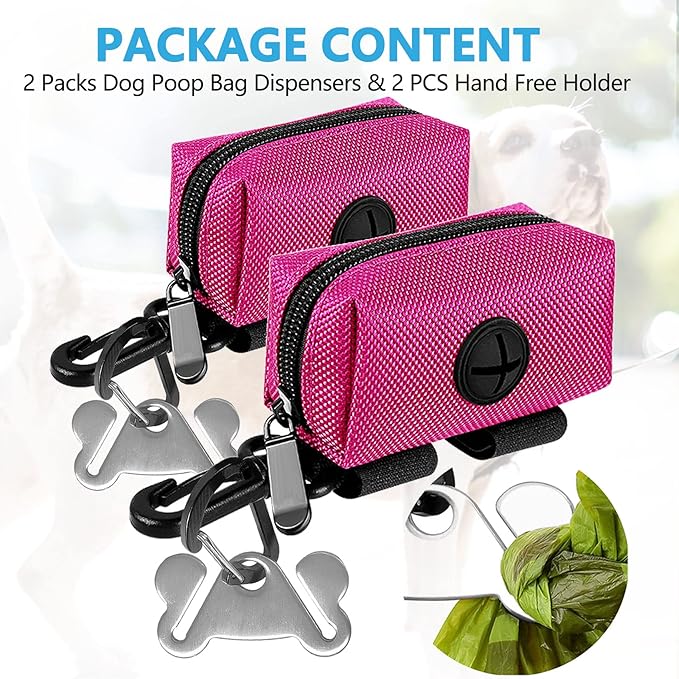 2Packs Dog Poop Bag Holder for Leash Attachment Dog Poop Bag Dispenser Dog Waste Bag Dispensers for Leash Accessory Dog Poop Bag Holders Fits Dog Leash Include Hand Free Holder Metal Carriers, Pink