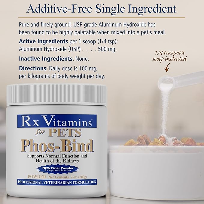 Rx Vitamins Phos-Bind - Kidney Support Supplement Powder - Phosphate Binder for Cats & Dogs for Kidney Health - Supports Normal Kidney Cleanse and Essential Kidney Care - 200g