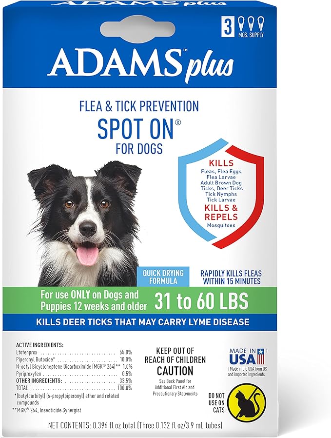 Adams Plus Flea & Tick Prevention Spot On for Dogs 31-60 Pounds | 12 Weeks & Older, 3-Month Supply, Kills Fleas, Flea Eggs, Flea Larvae & Brown Dog & Deer Ticks, Kills & Repels Mosquitoes for 30 Days