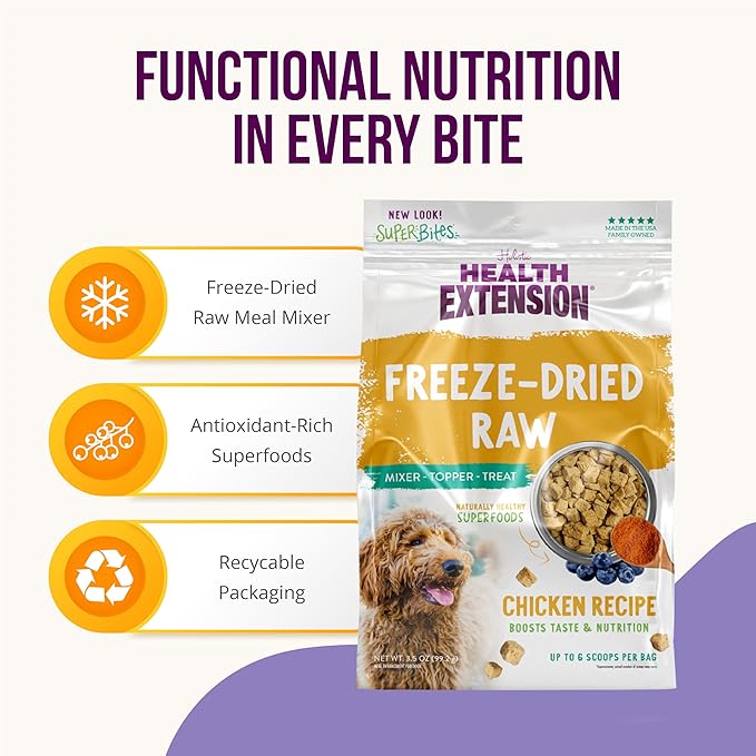 Health Extension Super Bites, Freeze-dried Raw, Gluten & Grain-free, with Extra Protein & Super Tasty Healthy Meal Mixer for Dogs, Chicken Recipe (18 Oz / 226 g)
