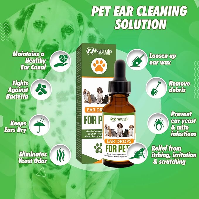 Natural Ear Cleaner for Dogs, Cats, Kitten, Puppy – Gentle Cleansing Ear Wash Solution Mite Infection & Yeast Treatment for Pets – Drying, Healing Medicinal Ear Cleaning Drops Made in USA