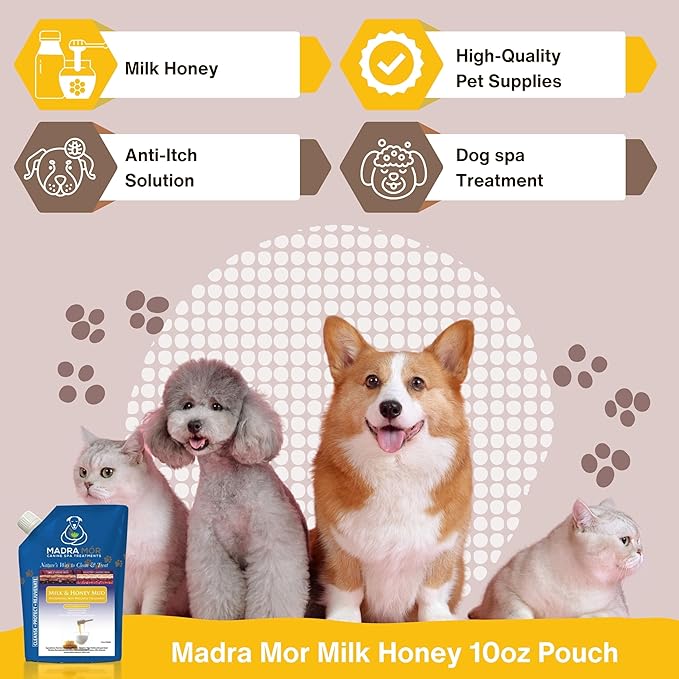 Madra Mor Milk & Honey Mud Spa Bath for Dogs | Dog Bath for Dog Grooming | 10oz Pouch Mud Bath Dog Essentials with Multi-Purpose Key Chain