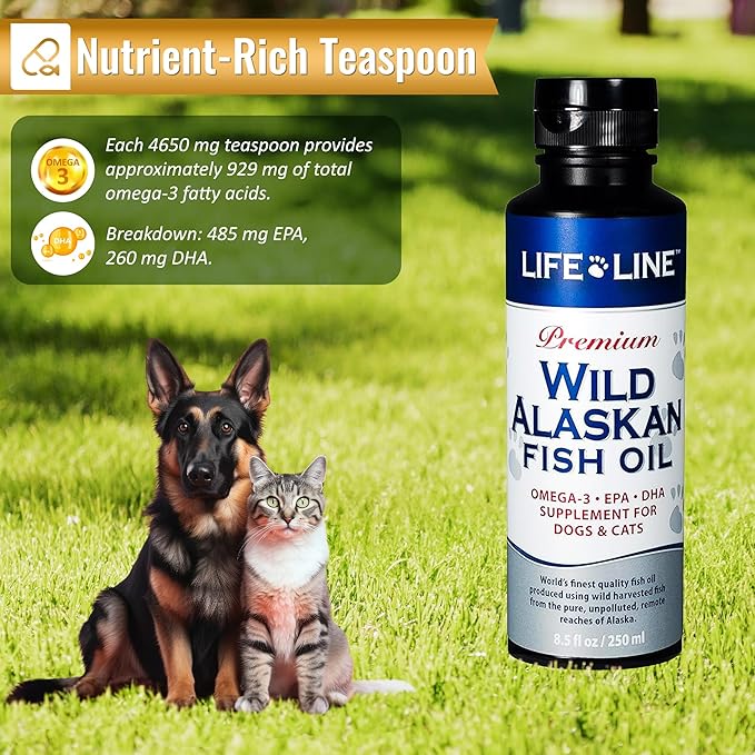 Life Line Pet Nutrition Wild Alaskan Fish Oil Omega-3 Supplement for Skin & Coat – Supports Brain, Eye & Heart Health in Dogs & Cats, 8.5oz