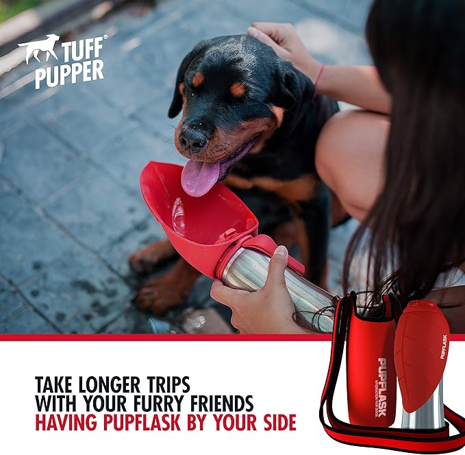 Tuff Pupper PupFlask Insulated Neoprene Dog Water Bottle Holder Sling with Wide Adjustable Shoulder Strap, Great for Travel, Walking, Hiking, Portable Pet Water Bottle Holder (40 OZ, Crimson Red)