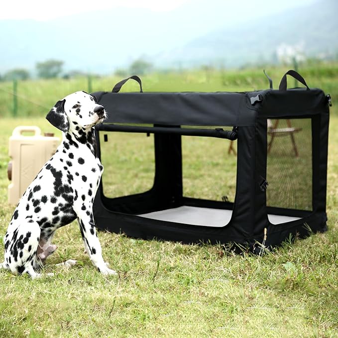 24 inch 3-Door Collapsible Dog Crate for Small Dogs, Portable Dog Travel Crate for Indoor & Outdoor, Soft Side Puppy Foldable Kennel Cage with Durable Mesh Windows & Strong Steel Frame