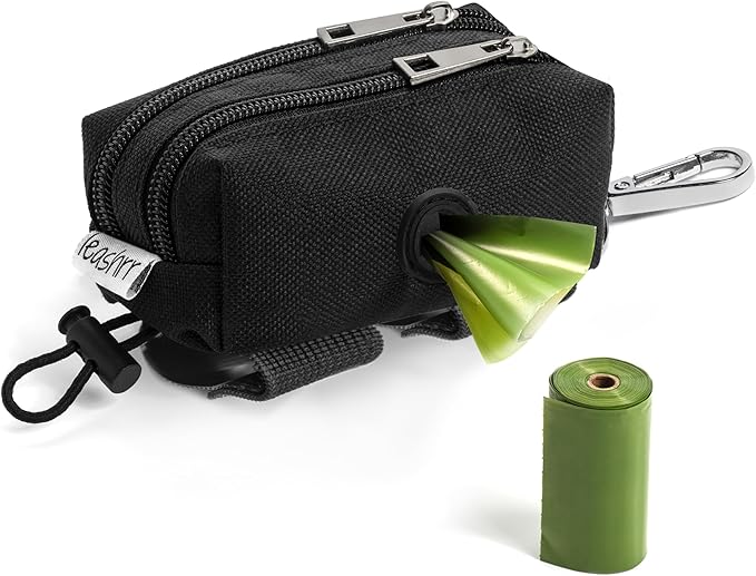 Dog Poop Bag Dispenser and Treat Holder for All Leashes. 2 Waterproof Pouches for Pet Waste Bags and Dog Walking Accessories + 1 Free Roll. Leashrr 2.0 (Black)