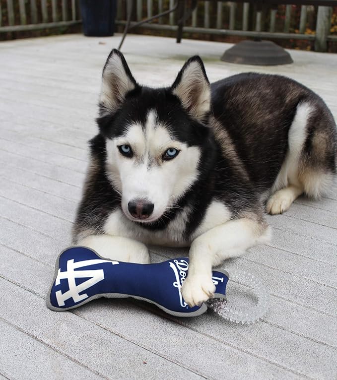 MLB Los Angeles Dodgers Bone Shaped DENTAL DOG TUG TOY with SQUEAKER. TOUGH PET TOY for Healthy Fun, Teething, and Cleaning pet's teeth and gum.
