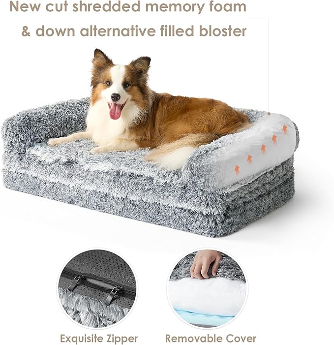 EHEYCIGA Foldable XXL Dog Bed, Faux Fur Fluffy Dog Bed for Extra Large Dogs, Orthopedic Calming Memory Foam Big Dog Couch Bed, Washable Soft Dog Sofa Bed with Non-Slip Bottom, Grey, 54"x38"x8.5"