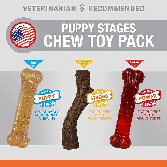 Nylabone Puppy Stages Dog Chew Toy Pack - Puppy Chew Toys for Teething and Chewing - Puppy Supplies - Chicken, Maple Bacon, and Beef Jerky Flavors, Medium/Wolf (3 Count)
