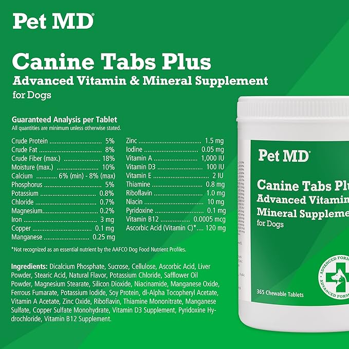 Pet MD - Canine Tabs Plus 365 Count - Advanced Multivitamins for Dogs - Natural Daily Vitamin and Mineral Nutritional Supplement - Liver Flavored Chewable Tablets