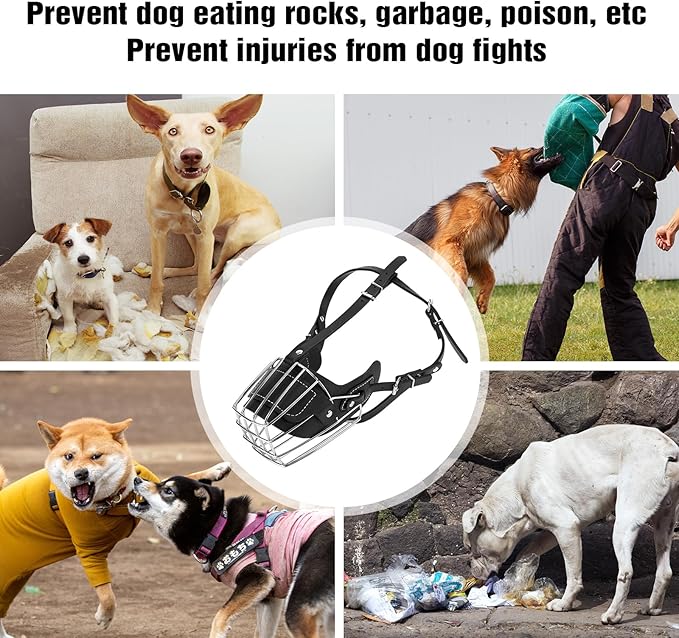 Dog Muzzle, Dog Metal Face Basket, Dog Mouth Breathable Adjustable Leather Leash Suitable for Large Medium-Sized Dogs (L)