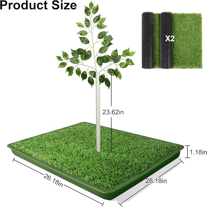Dog Grass Pad with Tray - 2 Pack Replaceable Artificial Grass Puppy Training Pad(No Clips), Quick Absorbent Indoor Portable Potty, Washable Pee Pad for Puppy - Pet Training Solution Green