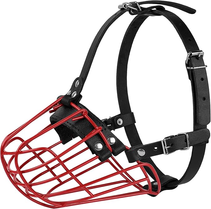 Pitbull Dog Muzzle Metal Mask Amstaff Secure Wire Basket Adjustable Durable Leather Straps for Large Dogs (Red)