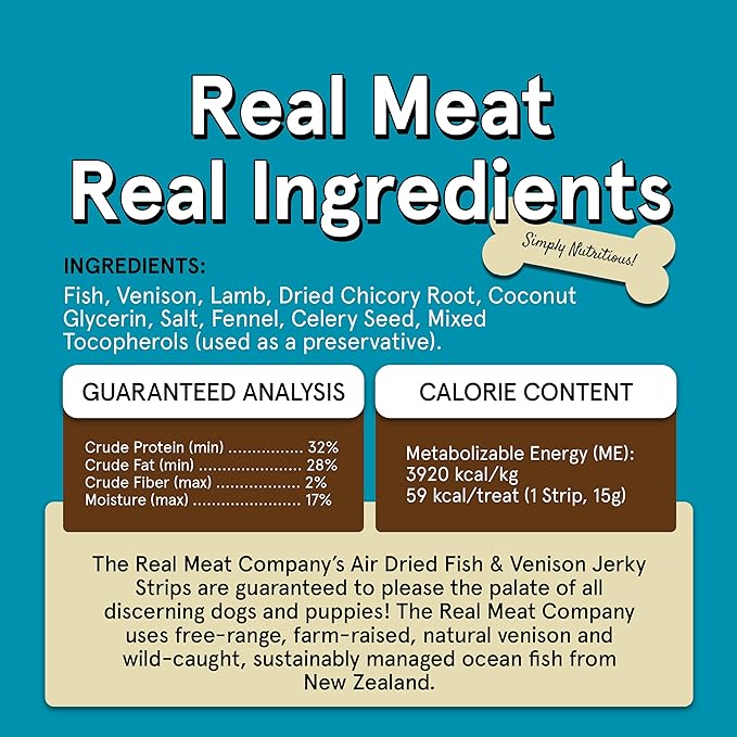 Real Meat Fish & Venison Jerky Dog Treats - 8 Air-Dried Strips of Jerky Treats for Dogs - Grain-Free Jerky Treats Dog Snacks with 95% Human-Grade, All-Natural, Free-Range Venison & Ocean-Caught Fish