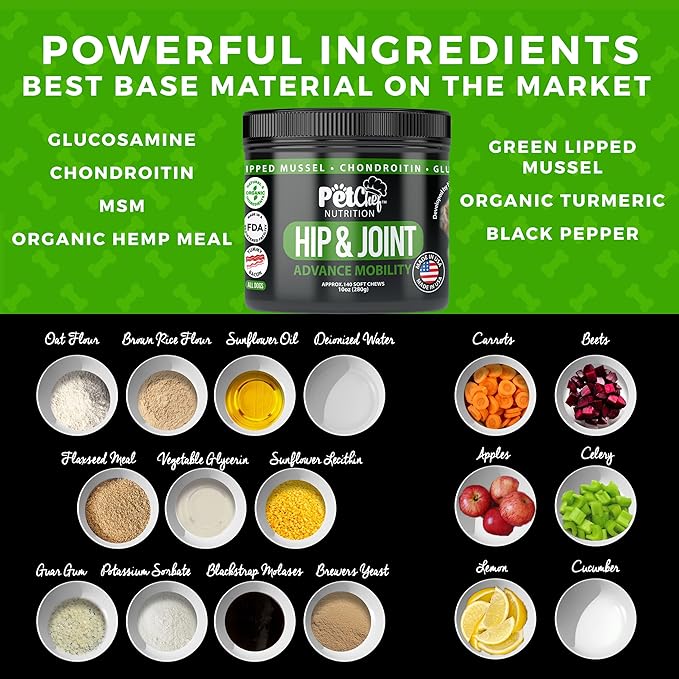 Pet Chef Advanced Dog Hip & Joint Supplement Treat - Glucosamine, Chondroitin & Turmeric MSM Breeds-Reduce Pain, Inflammation & Arthritis. Super Dog Hip & Joint Treat. Renews All Dogs.