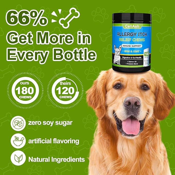 Dog Allergy Relief Chews-Dog Itching Skin Relief Pills -Salmon Oil & Probiotics for Skin Health & Immunity Boost, Supporting Seasonal Allergies & Hot Spot Treatment