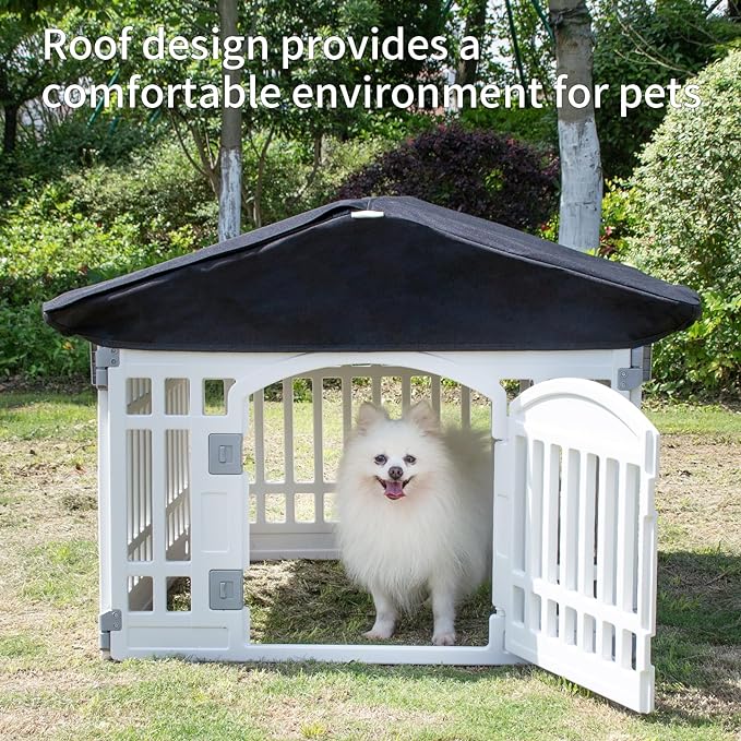 Pet Playpen Foldable Gate for Dogs Plastic Puppy Exercise Pen with Door Portable Indoor Outdoor Pets Fence Puppies Folding Cage 4 Panels House Supplies (6*Playpen White Roof with Cover)