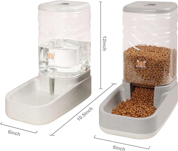 Automatic Dog Cat Gravity Food and Water Dispenser Set with Pet Food Bowl for Small Large Pets Puppy Kitten Rabbit Large Capacity(White & Gray, 3.8L)