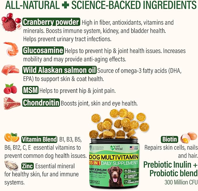 Dog Multivitamin Chewable with Glucosamine -Made in USA- Puppy & Senior Supplement - 120 Treats - Dog Vitamins and Supplements - Skin, Heart, Immunity, Hip & Joint Support + Salmon Oil + Probiotics