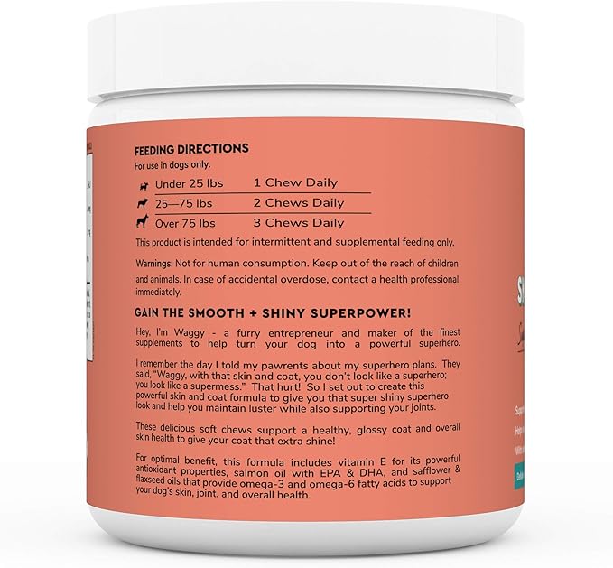 Skin & Coat Supplement for Dogs with Salmon Oil, Omega 3 & 6, EPA & DHA, Promotes Healthy Skin and Coat, Itchy Relief, Joint and Overall Health, Delicious Flavor, 70 skin & coat Soft Chews