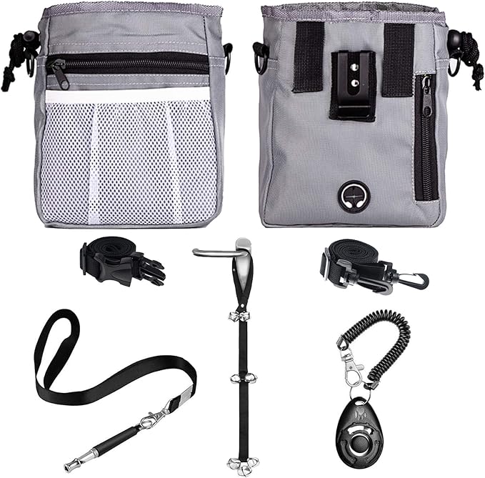 4-in-1 Dog Training Set, Puppy Training Treats- Dog Treat Training Pouch, Bark Control Whistle, Dog Doorbells, Dog Clicker, Ideal Gift for First Time Pet Owners, Training Dog Owners (Gray)