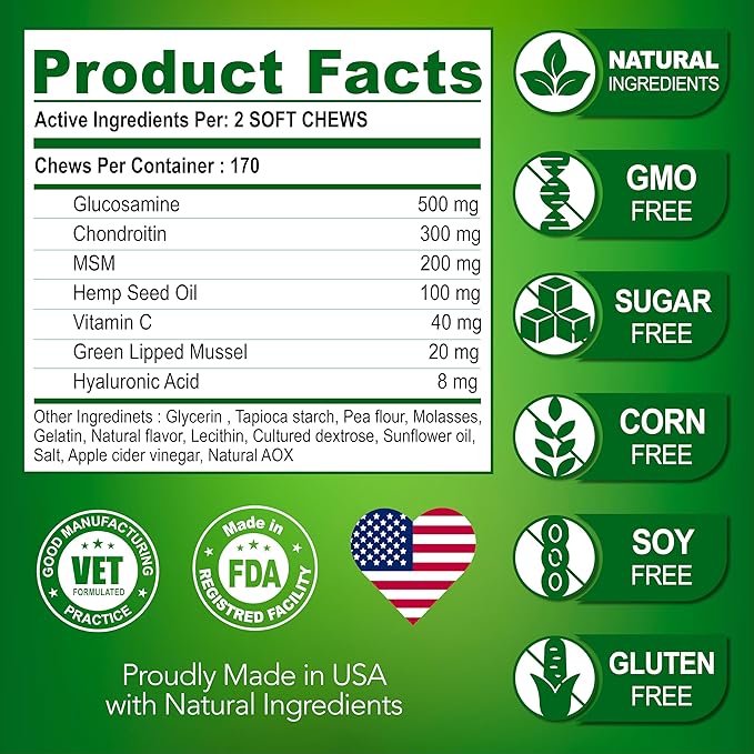Glucosamine for Dogs - Hip and Joint Supplement for Dogs - Glucosamine Chondroitin for Dogs - Dog Joint Pain Relief - MSM - Hemp - Advanced Support Dog Joint Supplement - 170 Mobility Chews