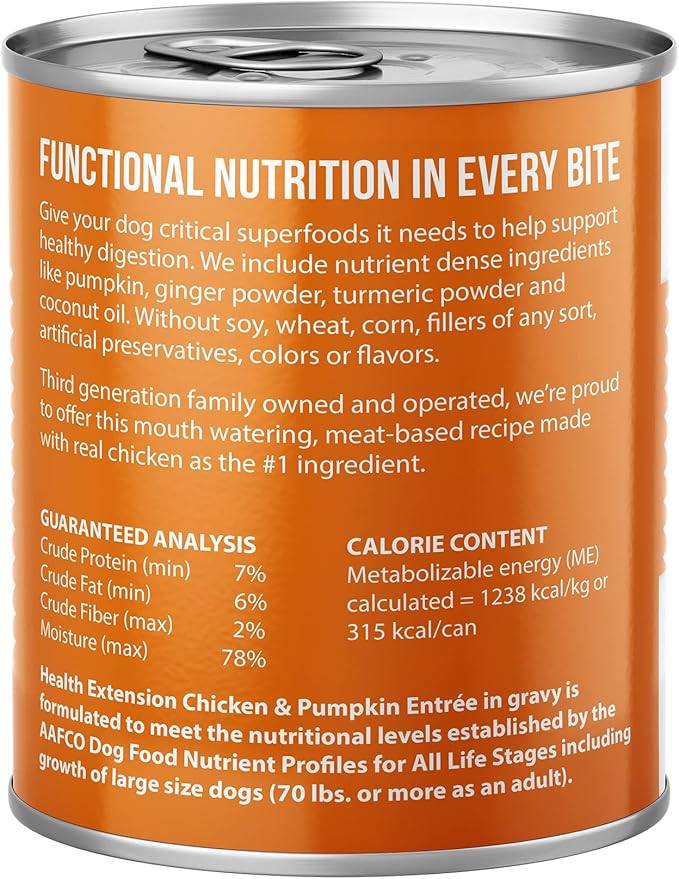 Health Extension Gravy Dog Food, Chicken Meal & Pumpkin Entrée, Crude Protein, Fiber & Fat with Added Vitamins, All Life Stages, Wet Dog Food, Improve Gut Health, Digestive Support (9 Ounce, 12 Cans)