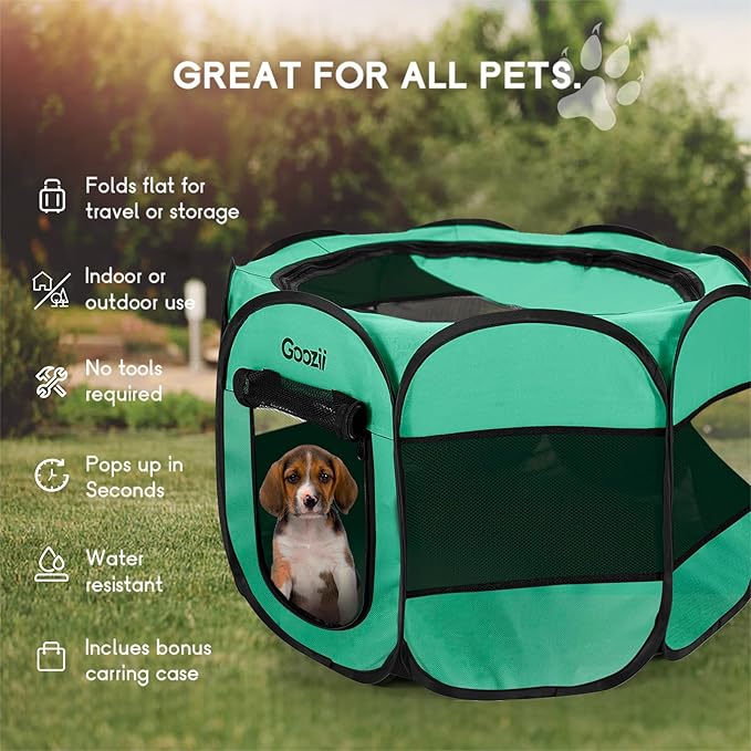 Portable Dog Playpen Crate Cage for Small Dogs Indoor Outdoor, Collapsible Pop Up Pet Cat Kitten Play Pen Tent Enclosed, Foldable Dog Kennel with Bottom Roof Cover for Rv Camping - Green