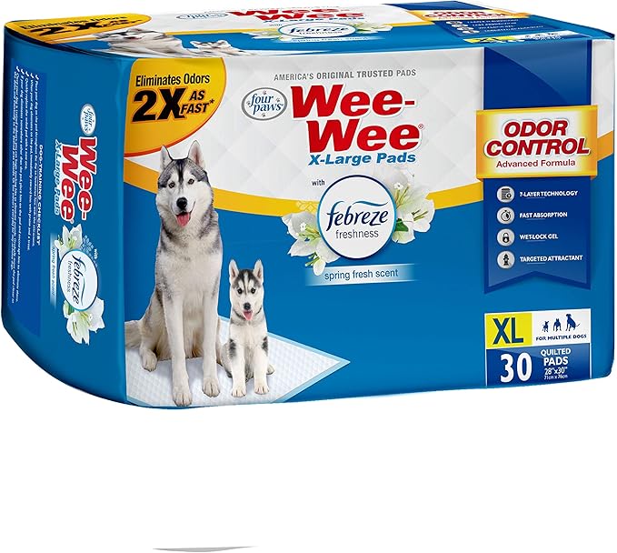 Four Paws Wee-Wee Odor Control with Febreze Freshness Pee Pads for Extra Large Dogs, Leak-Proof Floor Protection Dog & Puppy Quilted Potty Training Pads, Spring Fresh Scent, 28" x 30" (30 Count)