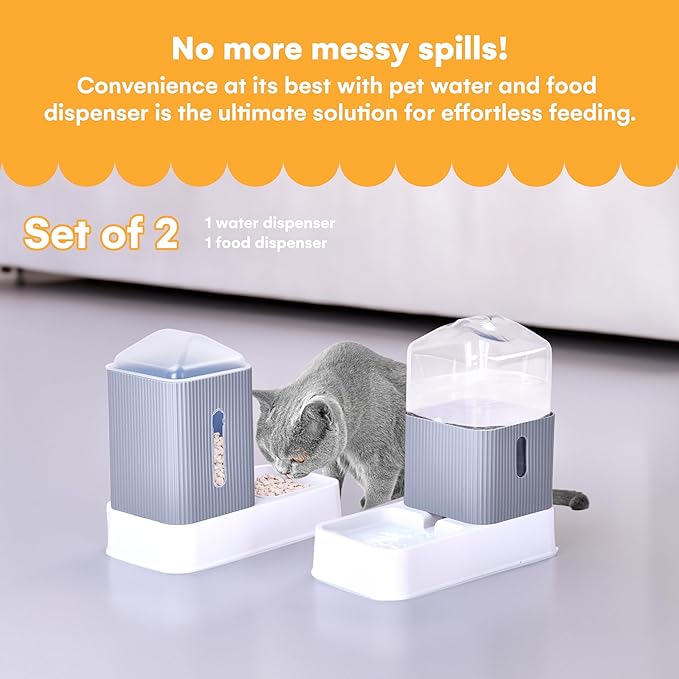 Noa Store Automatic Pet Water & Food Dispensers - Easy to Clean Feeding Bowls for Dogs & Cats - Convenient and Time-Saving Pet Station for Busy Owners - 12'H×6.3'L×11'W 3.5L Each - Grey