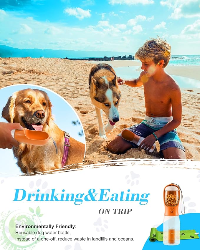 Dog Water Bottle 3 in 1, Leak Proof Portable Pet Water Bottle with Food Container & Poop Bag Dispenser, Water Dispenser for Dog, Puppy for Walking, Hiking, Camping, Travel (20oz Orange Pink)