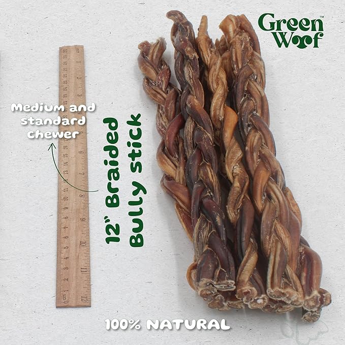 Braided Bully Sticks (12 Inch), Easily Digestible 100% Pure Beef Treats, Pasture-Raised, Organic, Grain-Free, Durable and Long-Lasting Chews for Medium & Large Dogs (Large, 10, Count)
