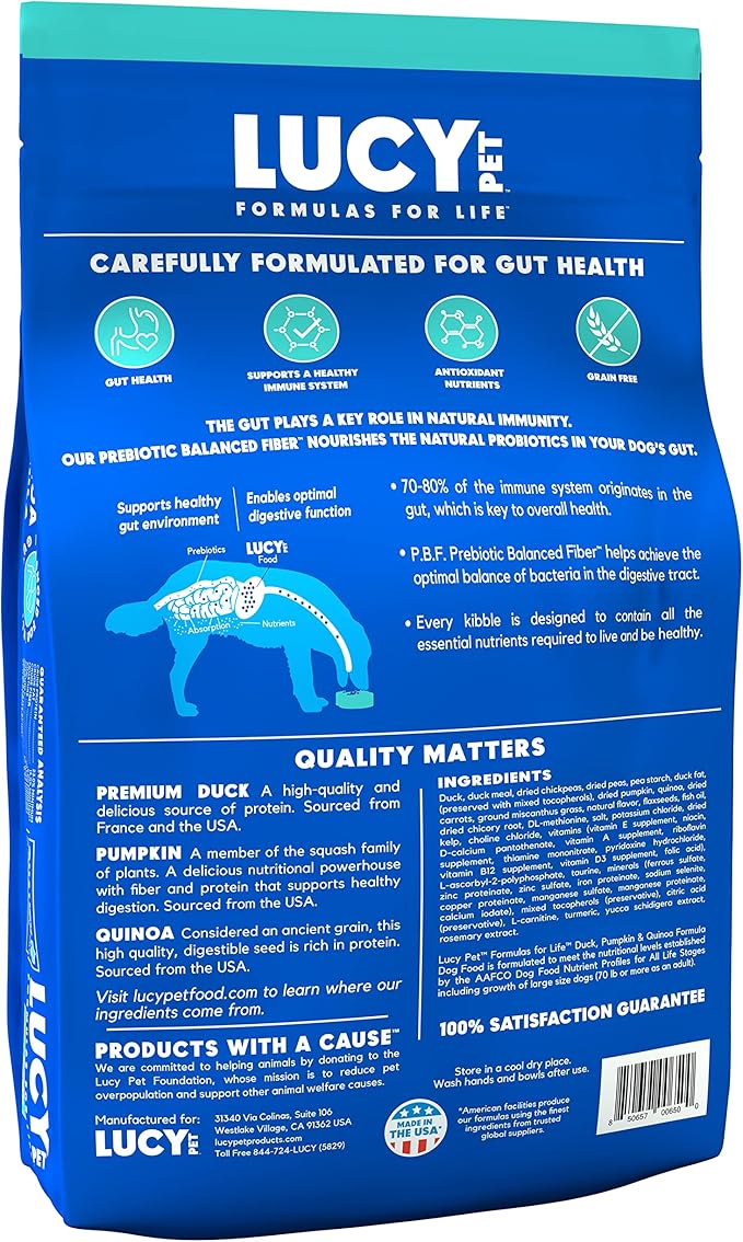 Lucy Pet Products Formulas for Life Duck, Pumpkin & Quinoa Dry Dog Food, All Life Stages, Digestive Health, Sensitive Stomach and Skin, 25lb bag