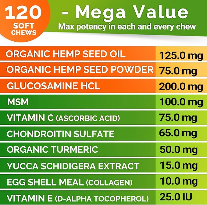 Hemp Hip & Joint Supplement for Dogs - Made in USA - Glucosamine - MSM - Turmeric - Hemp Seed Oil Infused Treats - Natural Joint Pain Relief & Mobility - 120 Soft Chews