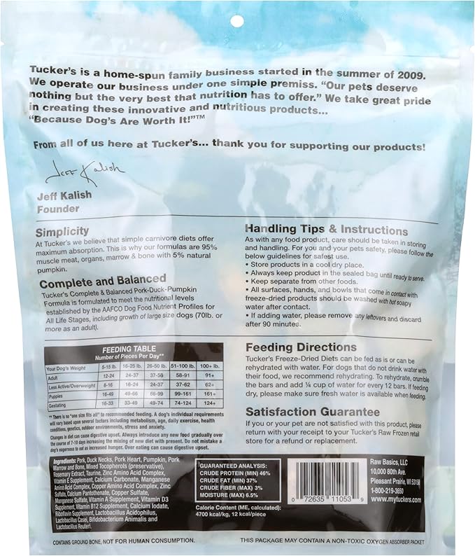 Tucker's Raw Frozen Freeze Dried Raw Dog Food, Pork, Duck & Pumpkin Formula 14oz