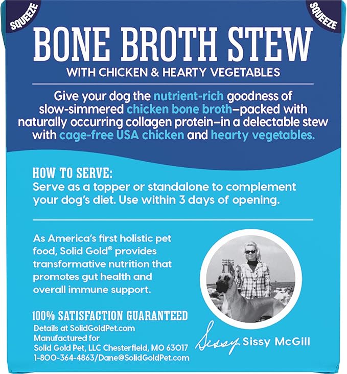 Solid Gold Bone Broth Stew - Dog Food Topper & Dog Treat Rich in Natural Collagen for Gut Health - Grain Free Formula Packed with Protein & Hearty Vegetables - Great for Picky Eaters - 6 Pack