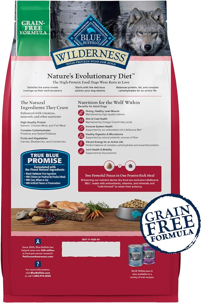 Blue Buffalo Wilderness Adult High-Protein Dry Dog Food with Real Salmon, Grain-Free, Made in the USA with Natural Ingredients, Salmon, 4.5-lb. Bag