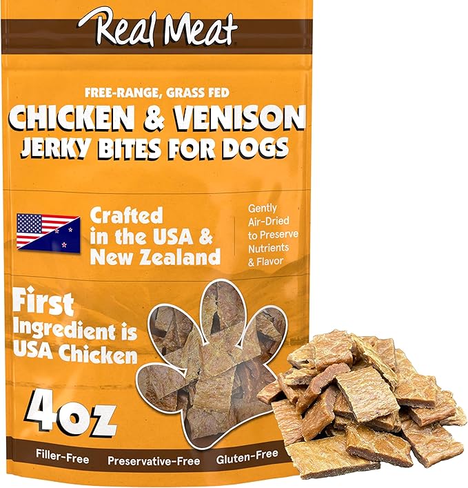 Real Meat Dog Treats - 4oz Bag of Bite-Sized Air-Dried Venison & Chicken Jerky for Dogs - Grain-Free Jerky Dog Treats Made up of 95% Human-Grade, Free-Range Venison & Chicken - All-Natural Dog Treats