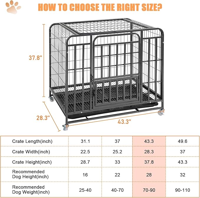 42 inch Large Dog Crate, Heavy Duty Metal Dog Kennel Indoor for Large Breed, Double Door Big Dog Cage, Dog Crate Tray Replacement, Lockable Wheels