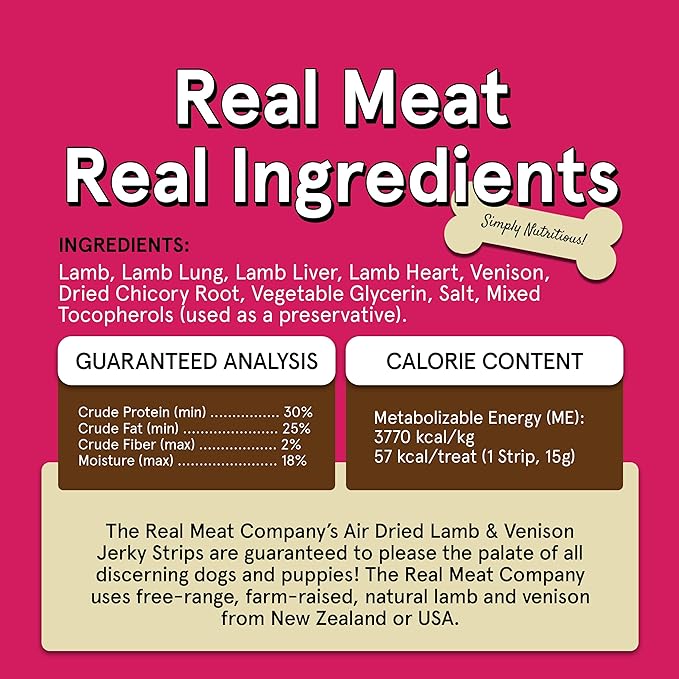 Real Meat Lamb & Venison Jerky Dog Treats - 8 Air-Dried Strips of Jerky Treats for Dogs - Grain-Free Jerky Treats Dog Snacks with 95% Human-Grade Free-Range Lamb & Venison - All-Natural Dog Jerky