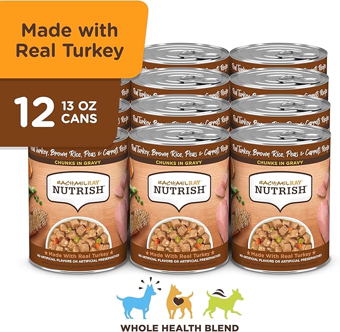 Nutrish Rachael Ray Chunks in Gravy Wet Dog Food, Real Turkey, Brown Rice, Peas & Carrots Recipe, 13 oz. Cans (Pack of 12)
