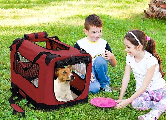 2PET Foldable Dog Crate - Soft, Easy to Fold & Carry Dog Crate for Indoor & Outdoor Use - Comfy Dog Home & Dog Travel Crate - Strong Steel Frame, Washable Fabric Cover, Frontal Zipper Medium Red