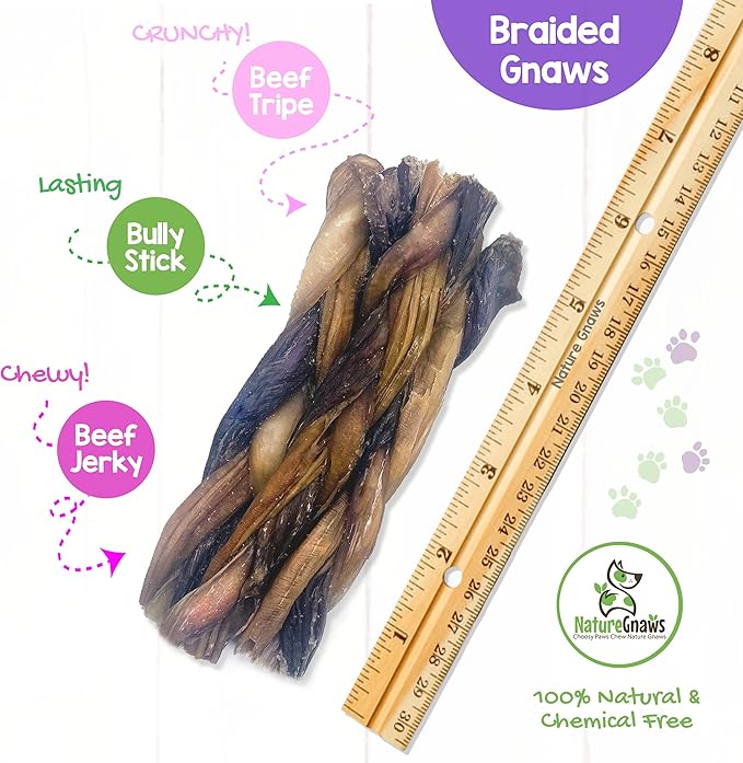 Nature Gnaws Braided Gnaws for Dogs - Premium Natural Beef Dog Chew Treats - Combo of Bully Sticks, Gullet Jerky and Tripe Twists - Rawhide Free