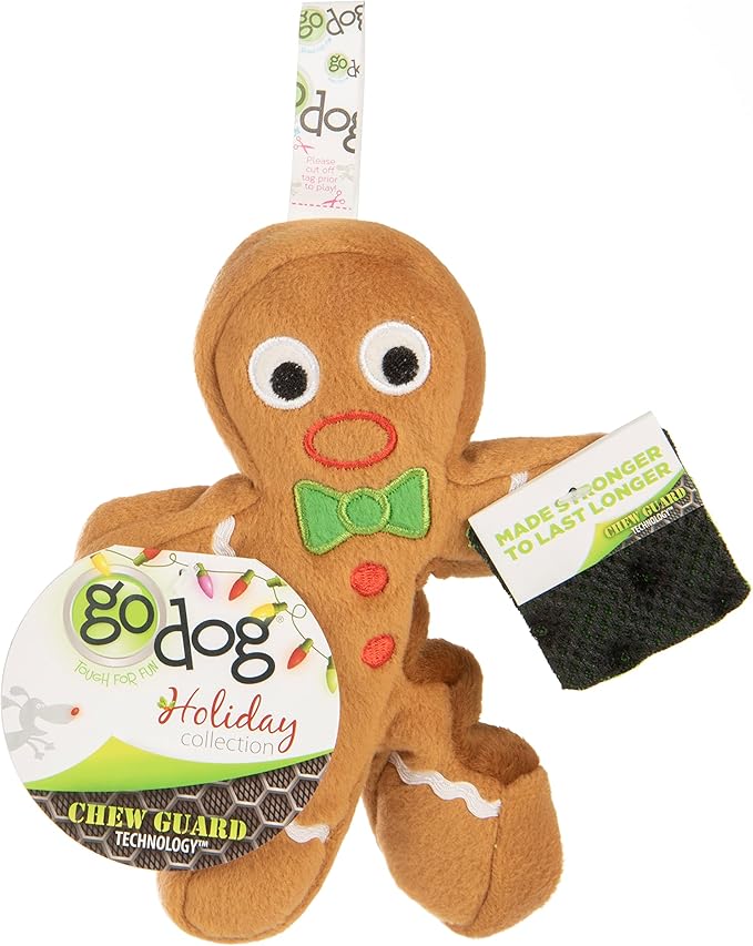 goDog Christmas Gingerbread Man Squeaky Plush Dog Toy, Chew Guard Technology - Brown, Small